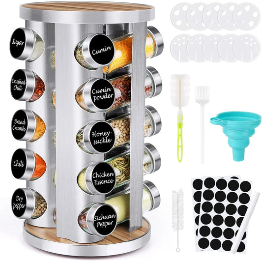 20-Piece Spice Rack Organizer with Jars, 360° Rotating Stainless Steel & Wooden Tower for Kitchen Cabinet Countertop