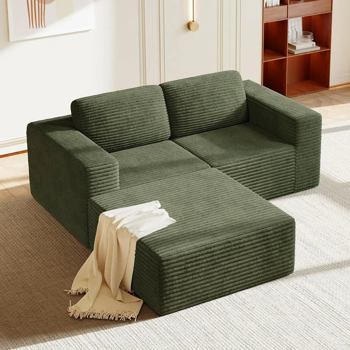 Corduroy L-Shape Modular Sofa With Movable Ottoman Sectional