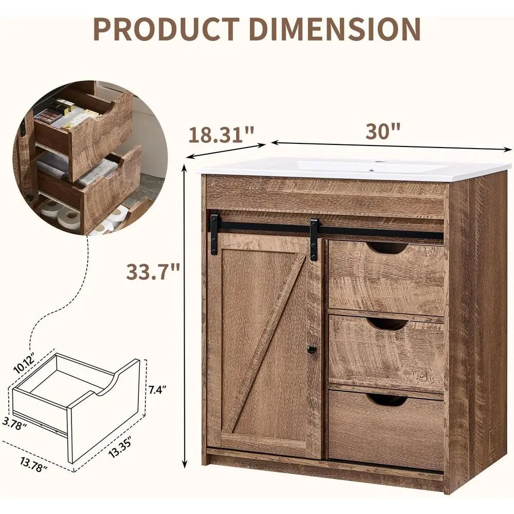30" armhouse Bathroom Vanity with Ceic Sink Combo, reestanding ern Bathroom Storage Vanity Cabinet w/Sliding Barn Door, 3 Ders &