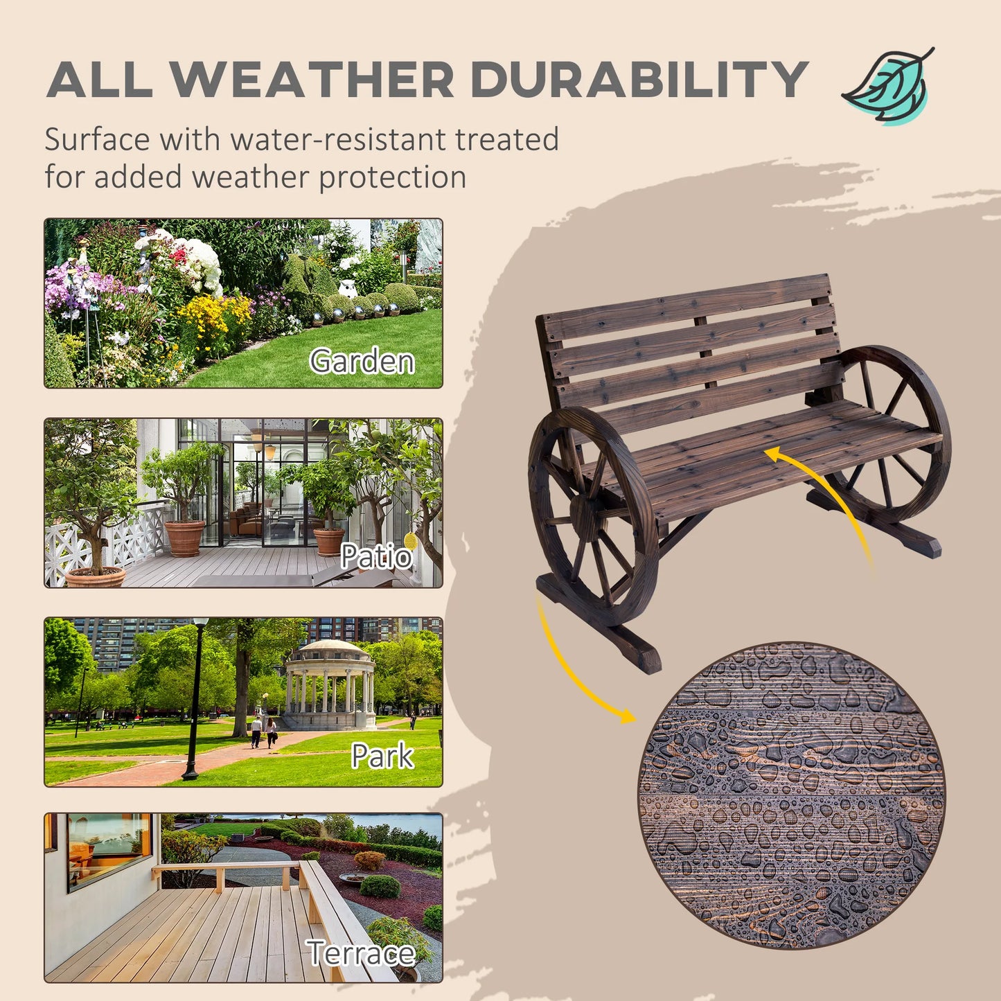 Outsunny Wagon Wheel Bench Wood Outdoor Garden Loveseat Chair Carbonized