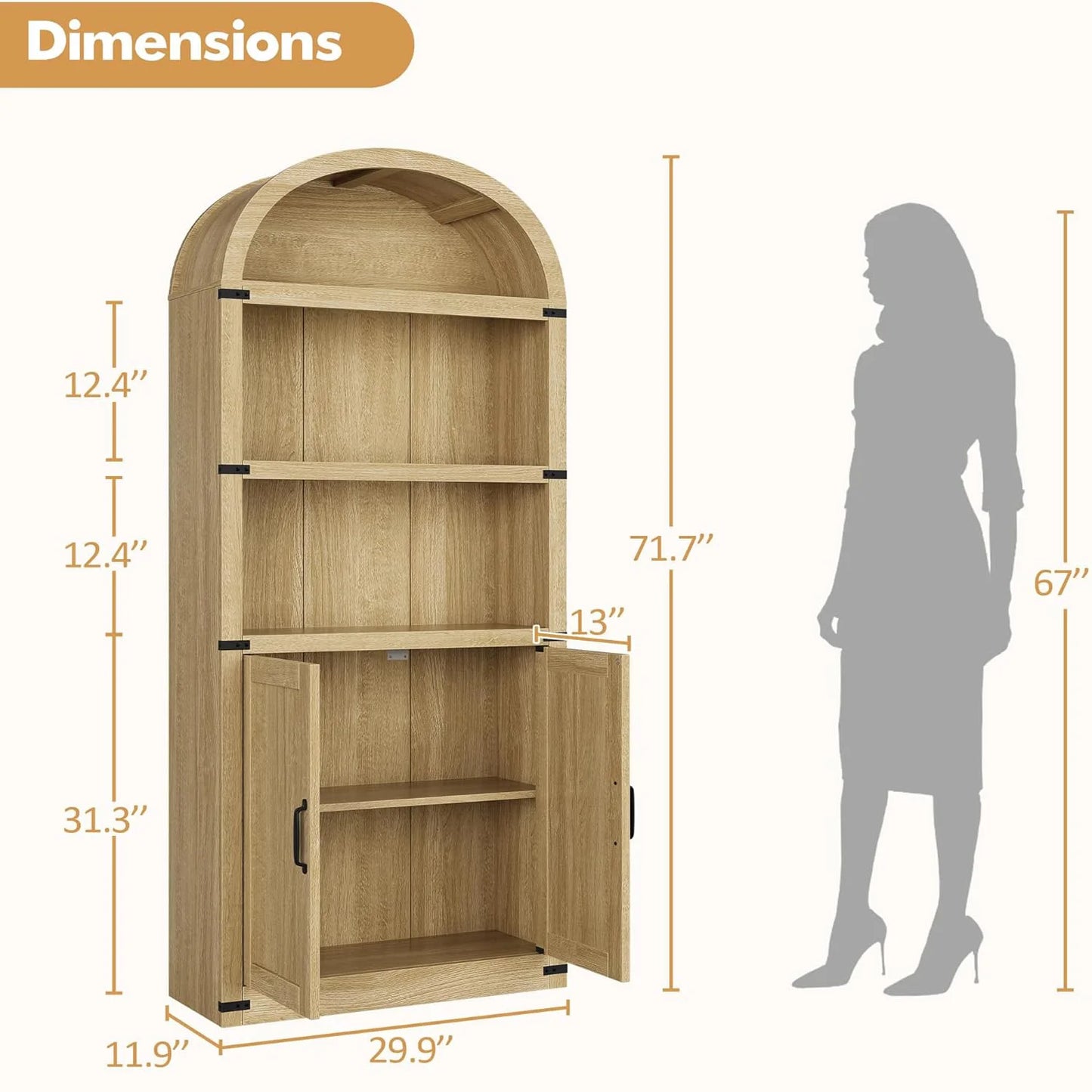HobbyLane Arched Doors Bookcase Farmhouse Wooden Shelf