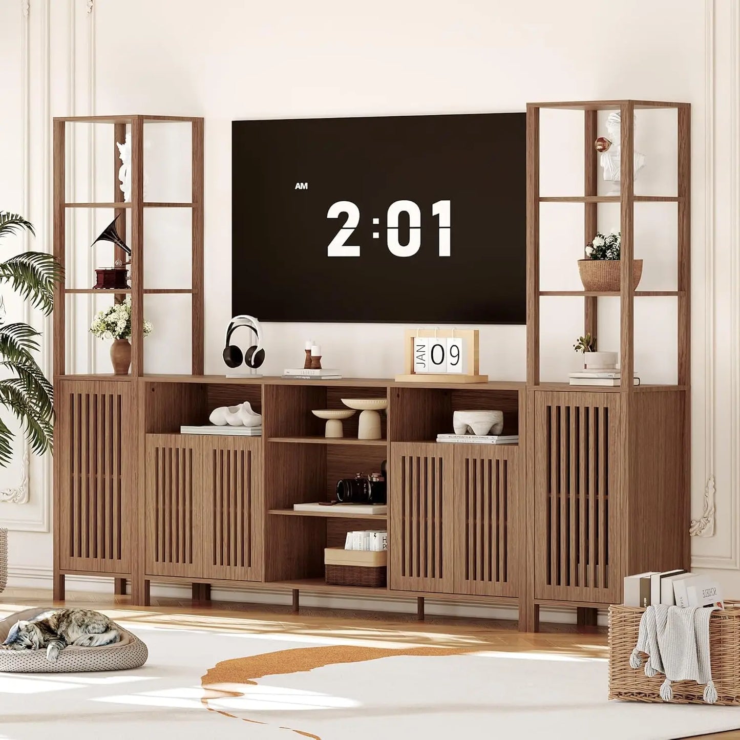 Farmhouse TV Stand Bookshelf And Storage Cabinet For Living Room