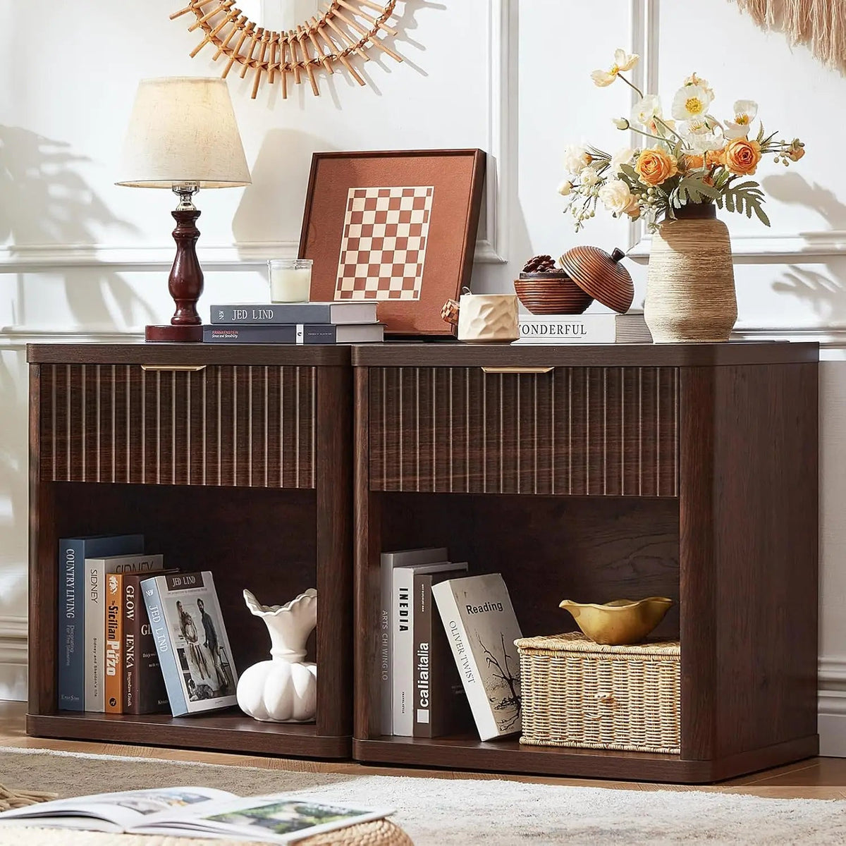 Set of 2 Wide Fluted Farmhouse Nightstands with Charging Station The Pet & Home Store