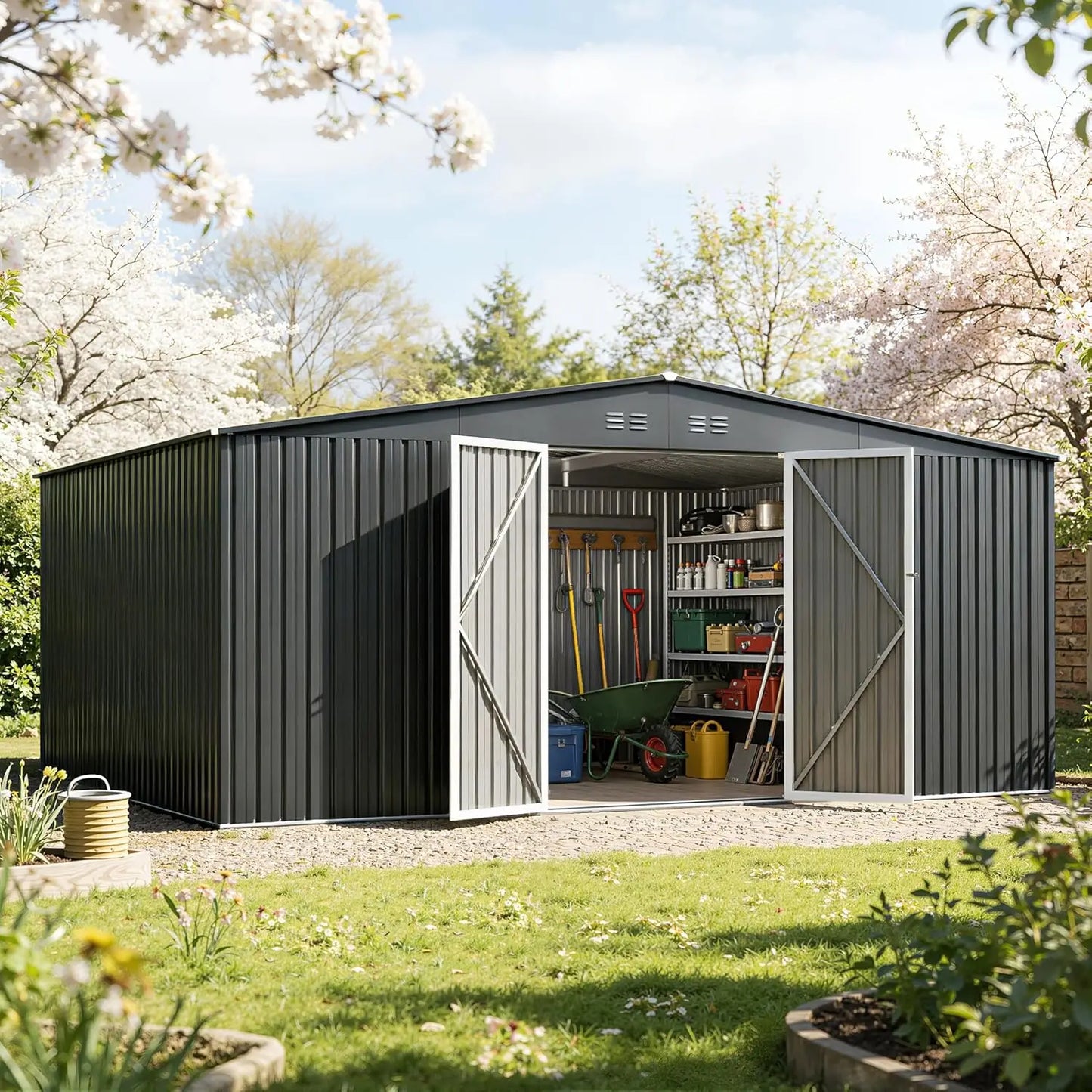 Grey Metal Waterproof Outdoor Storage Shed With Door And Lock