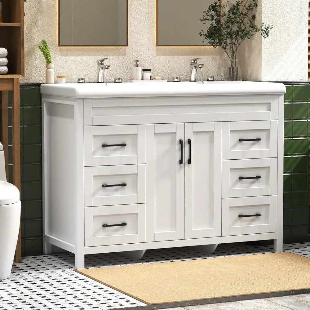 48 Inch Bathroom Vanity with Sink, Bathroom Vanity Cabinet with Doulble Sink, Bath Vanities with 2 Doand 4 Ders, White (20" D x
