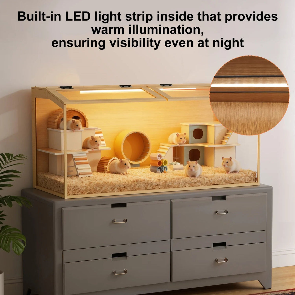 Natural Wooden Hamster Cage Habitat Dual Access Door Built-in Light Animal Cabinet Tabletop Hamsters Habitat for Small Pets The Pet & Home Store