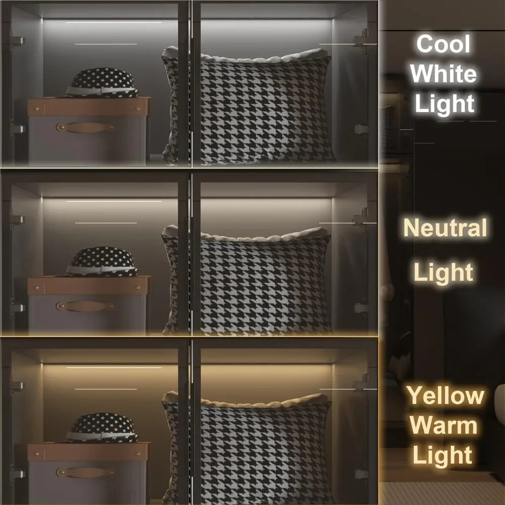 Wardrobe Cabinet With LED Light Strips Modern Armoire Glass Doors