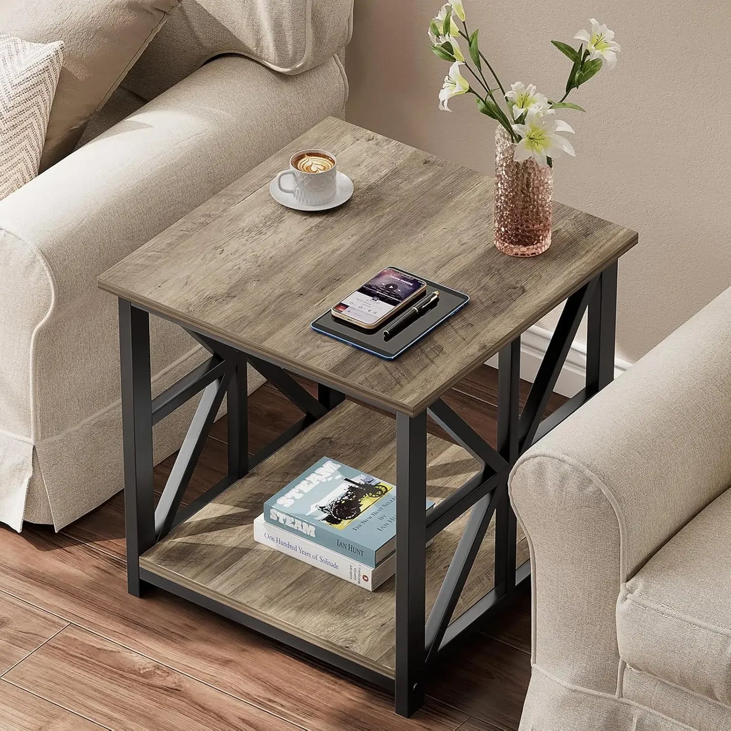 XMSJ Two Tier End Table Modern Farmhouse Living Room