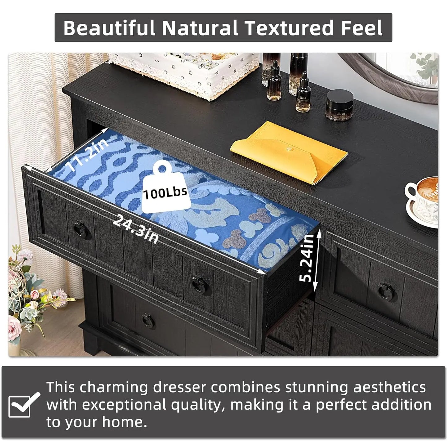 6 Drawer Farmhouse Wood Dresser Chest Vintage TV Stand