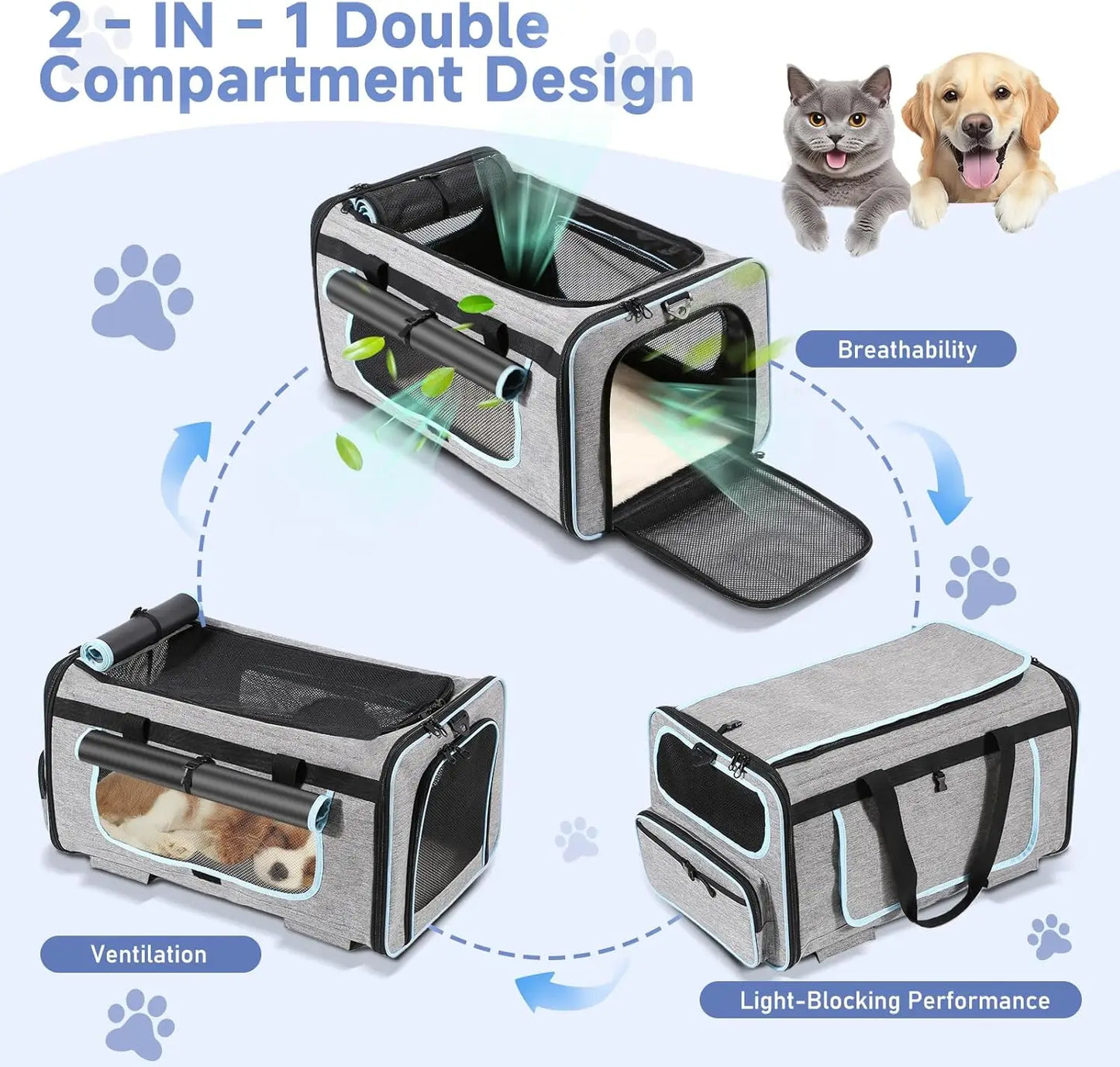 Pet Carrier with Wheels for Cats and Dogs, Detachable Wheels & Washable Pad, Escape-Proof Zipper, Portable Travel Bag for