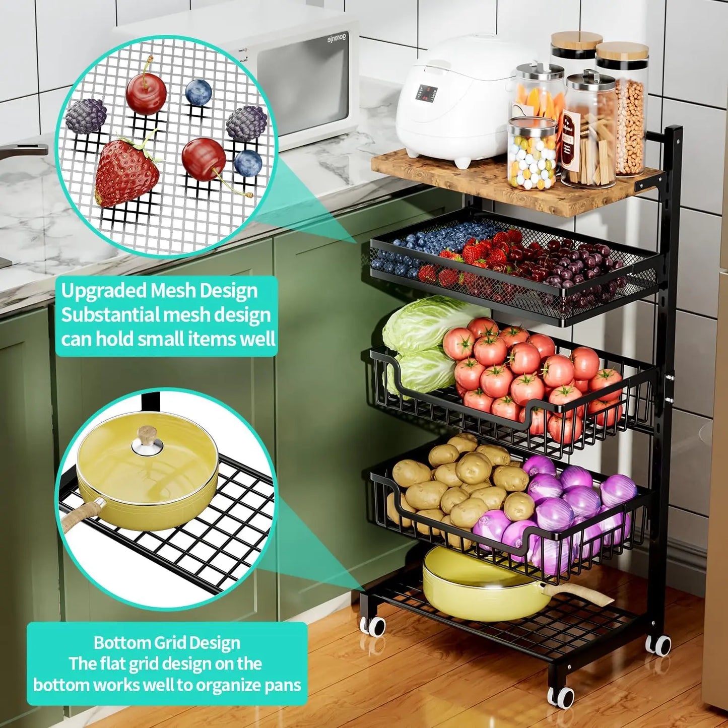Fruit Basket Kitchen Cart 5 Tier Adjustable Vegetable Storage Rack