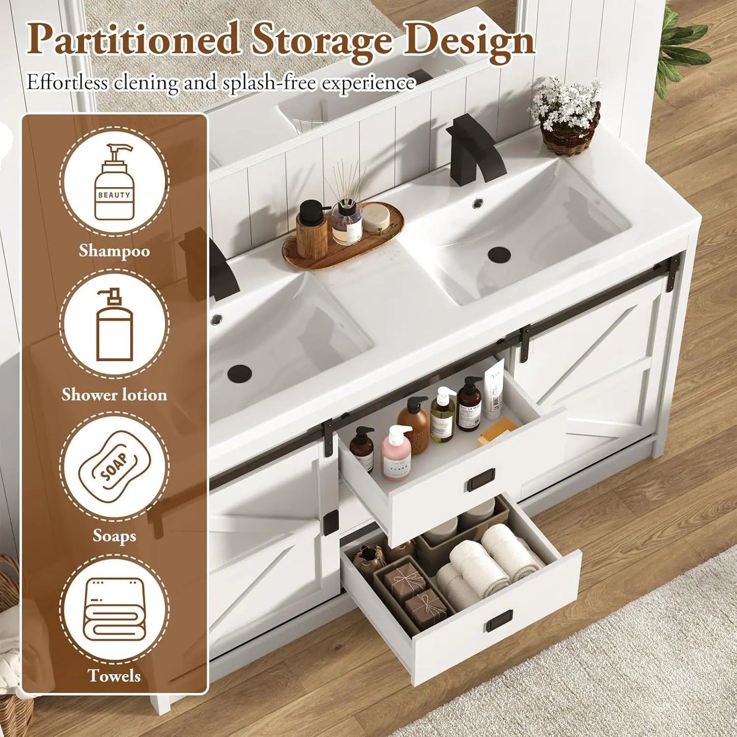 Double Bathroom Vanity with Sink & Faucet & Sewer Pipes,59" Farmhouse Bathroom Vanity Cabinet Set with 3 Storage, Custom