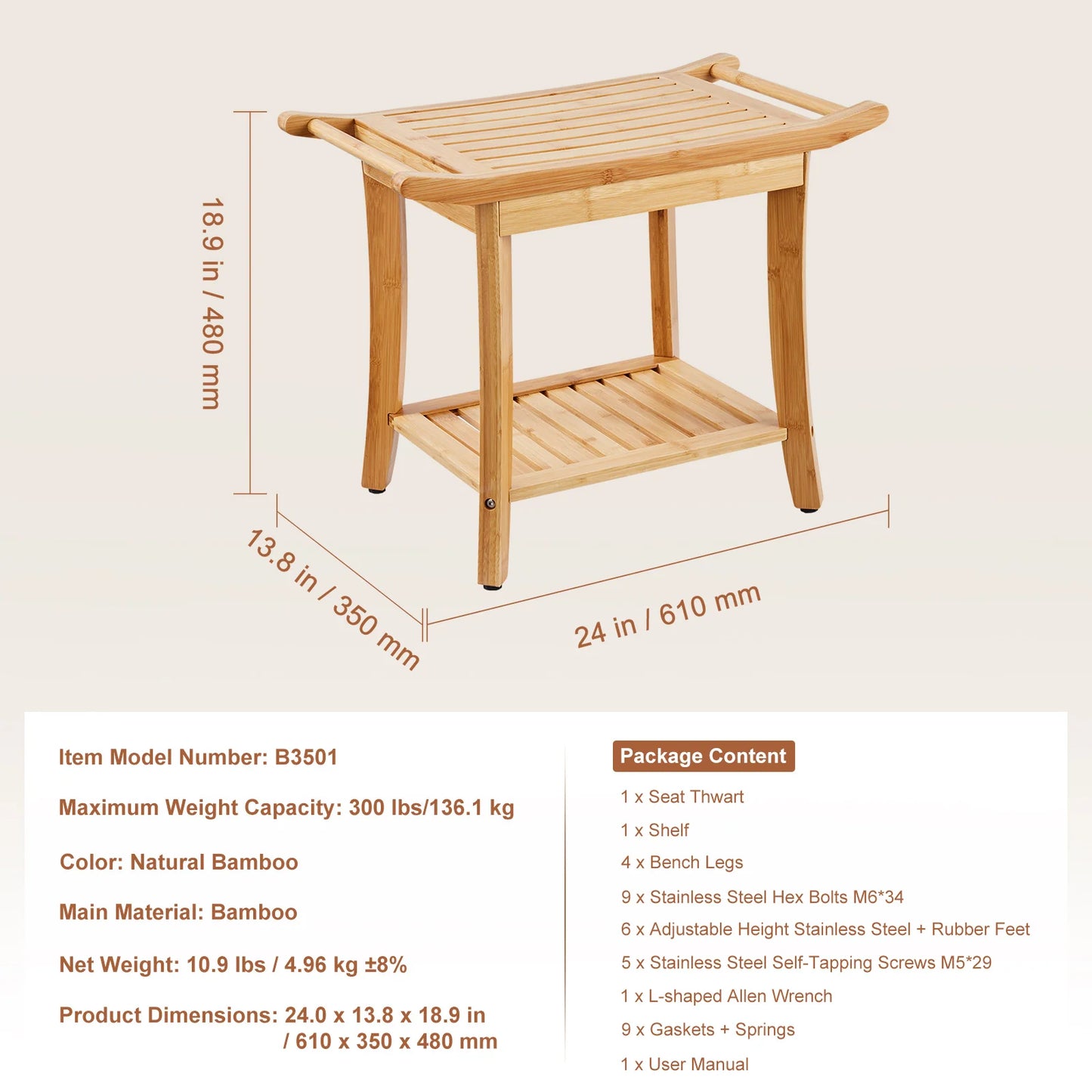 SucceBuy Bamboo Shower Bench With Storage Shelf 330lbs