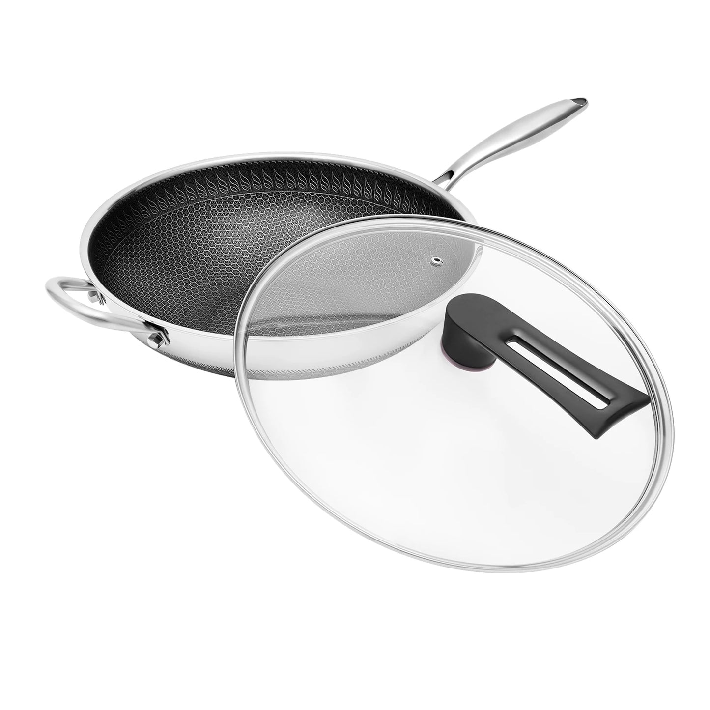 Stainless Steel Skillet, 34cm Wok Pan with Lid, Nonstick Frying Pan for Induction Cooktop Gas Stove