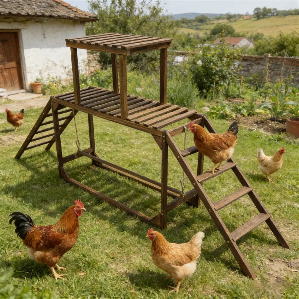 Solid Wood Chicken Perch Coop Toy with Swing Ladder Platform Chicken Run Roosting Bar for Hens Chicken Climbing Ladder Activity
