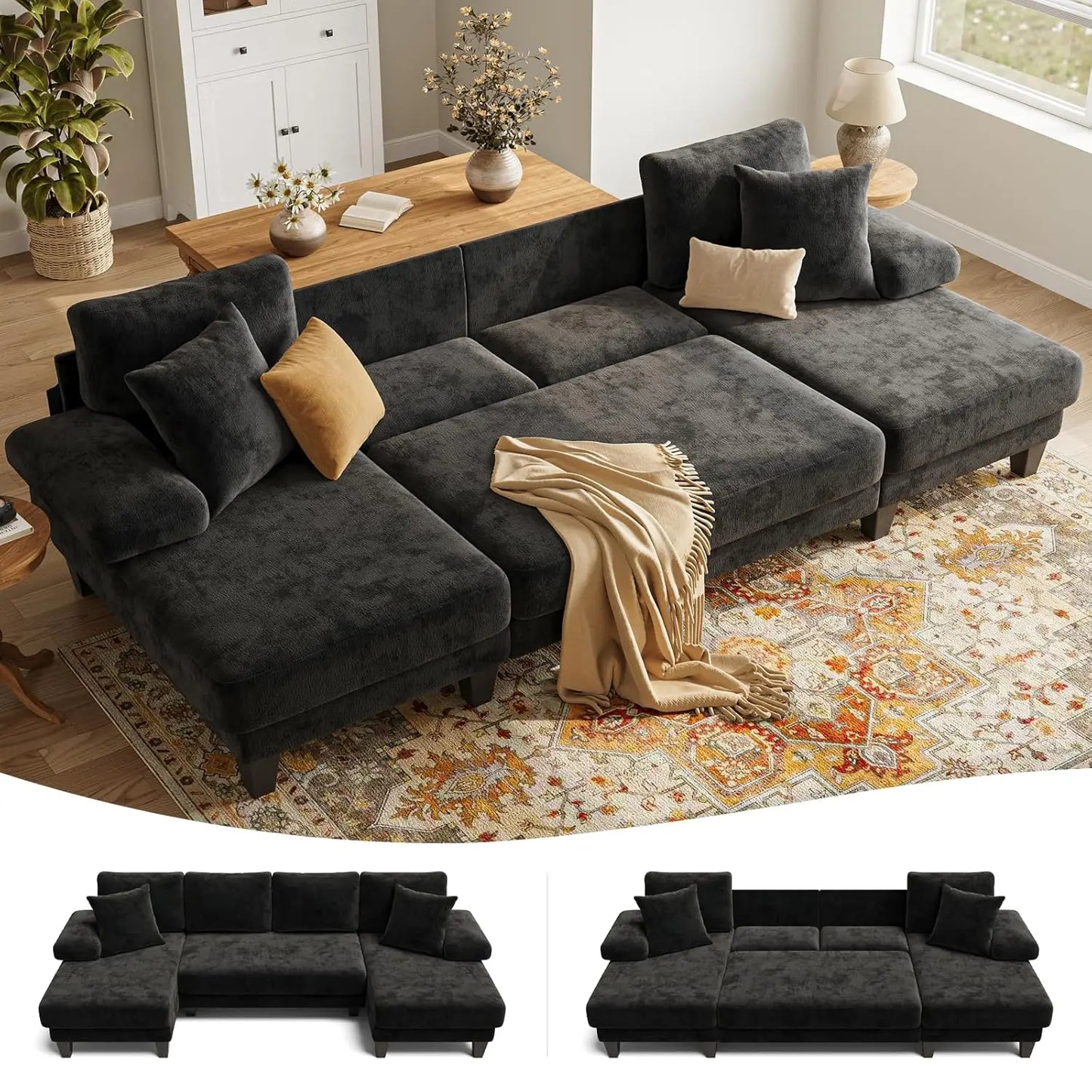 GUANGBAI Sleeper Sofa With Pull Out Bed U Shaped Chenille