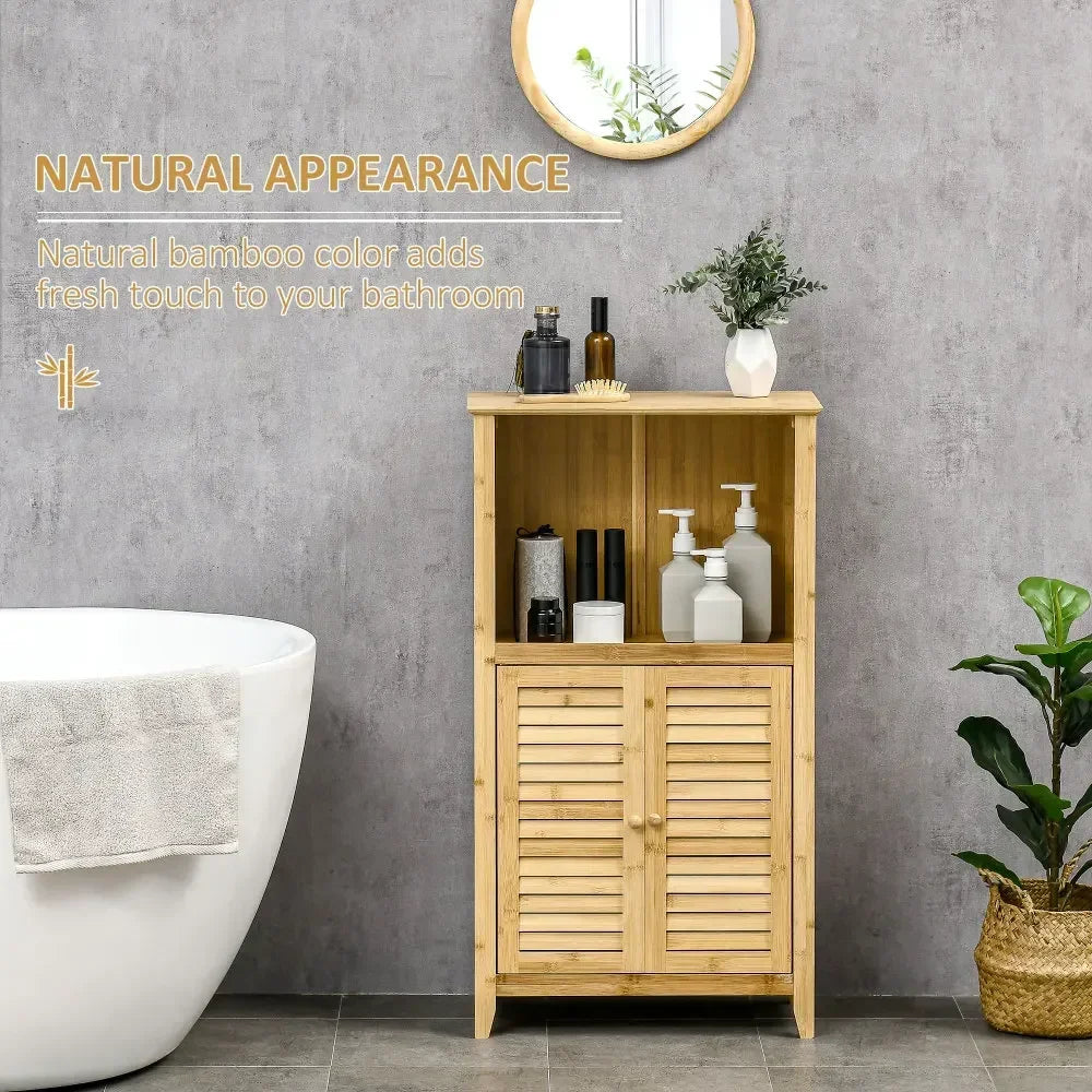 Bamboo Floor Cabinet Bathroom Floor Cabinet Living Room Organizer Tower with Multiple Shelves and Doors, Natural
