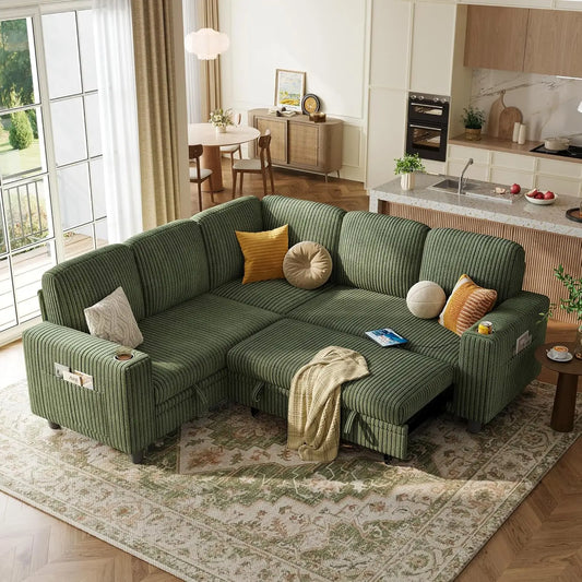 Convertible Sleeper Sectional Sofa With Storage Chaise USB Pullout