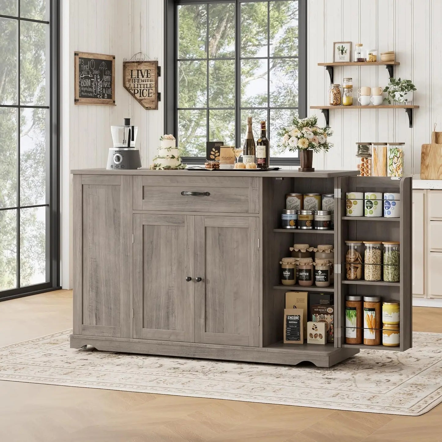 Rolling Kitchen Island Cart With Storage Drawers And Adjustable Shelves