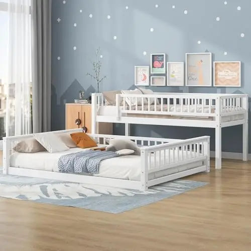 Me Twin XL Over Queen Bunk Bed for Adults Teens, Wooden Floor Bunk Beds Twin XL Over Queen with Ladder and Guardrails