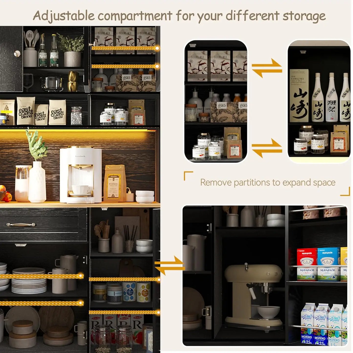 Guangbai Kitchen Pantry Cabinet With LED Light And Charging Station