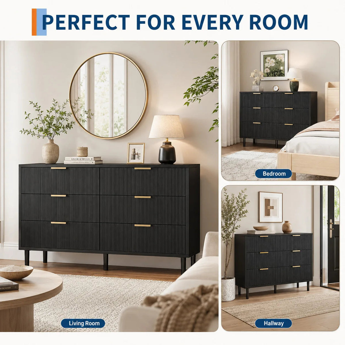 Fluted 6 Drawer Dresser with Metal Legs Wide Storage Cabinet Wood Chest of Drawers Anti Tipping Design Bedroom Living Room Hallway Organizer The Pet & Home Store
