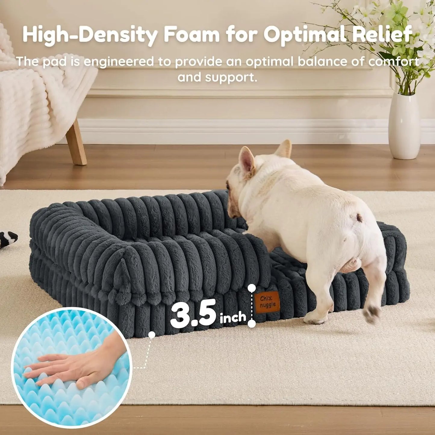 Faux Fur Orthopedic Dog Bolster Bed, Waterproof Washable Cover| rectangular dog sofa couch,egg crate foam,non-slip bottom,for small medium dogs,dark grey,30*24*7,puppy bed