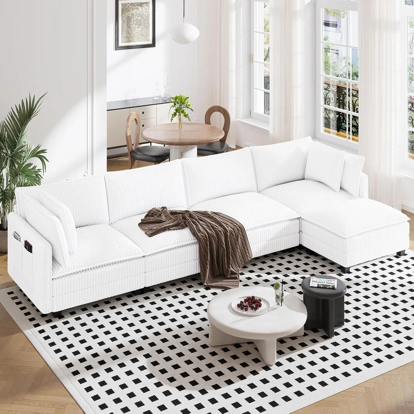 L Shape Modular Sectional Sofa Corduroy Cloud Living Room 3 Seat Ottoman Pillows Dark Grey, Custom
