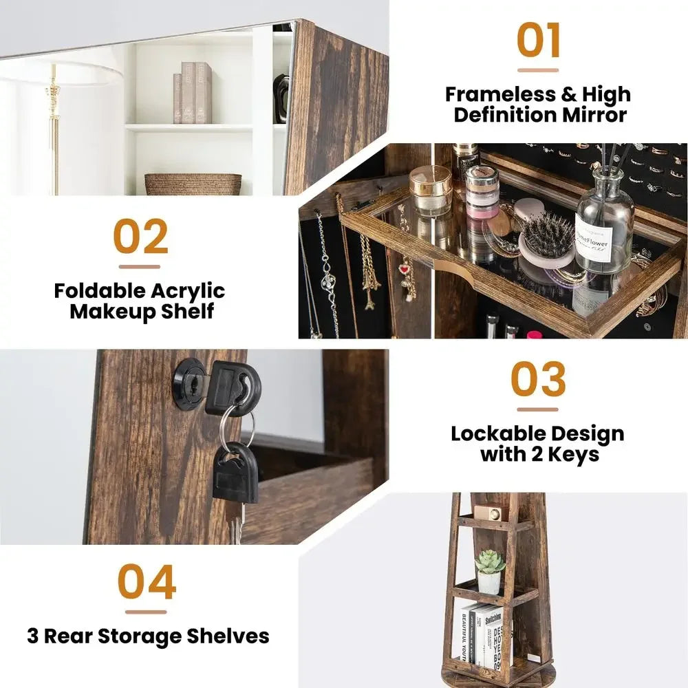 3In1 Mirror Jewelry Cabinet With LED Lights And Lockable Storage