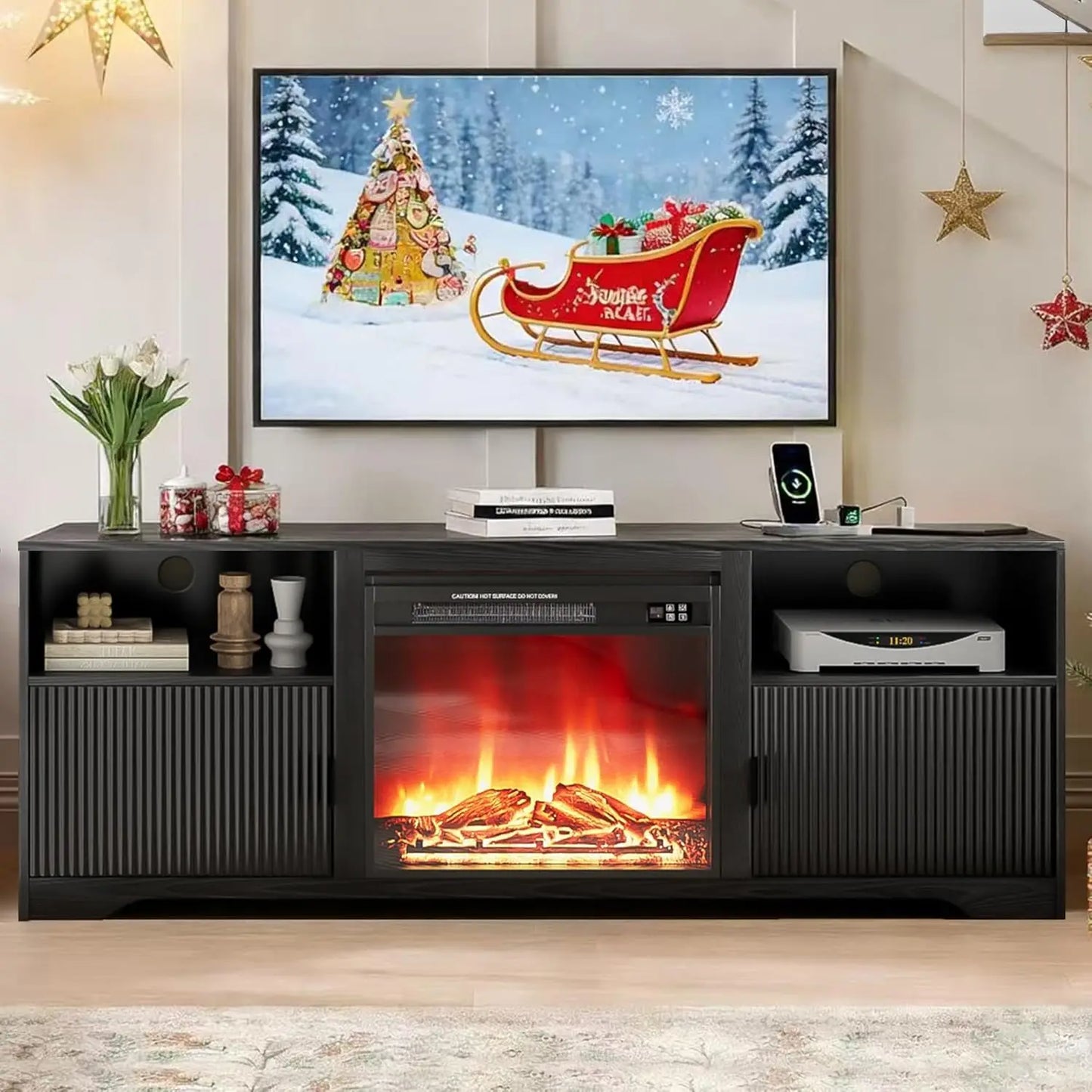 Fluted TV Stand With Electric Fireplace And Adjustable Shelf