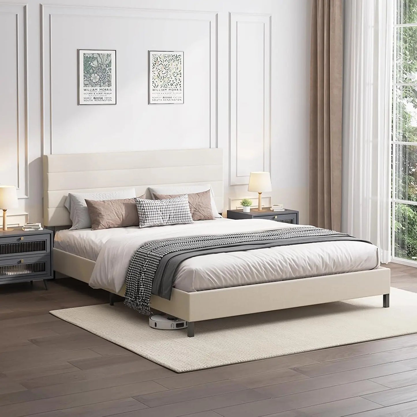 Queen Bed Frame, Modern Upholstered Bed Frame with Adjustable Linen Headboard, Wooden Slats Support Platform Queen, Customized