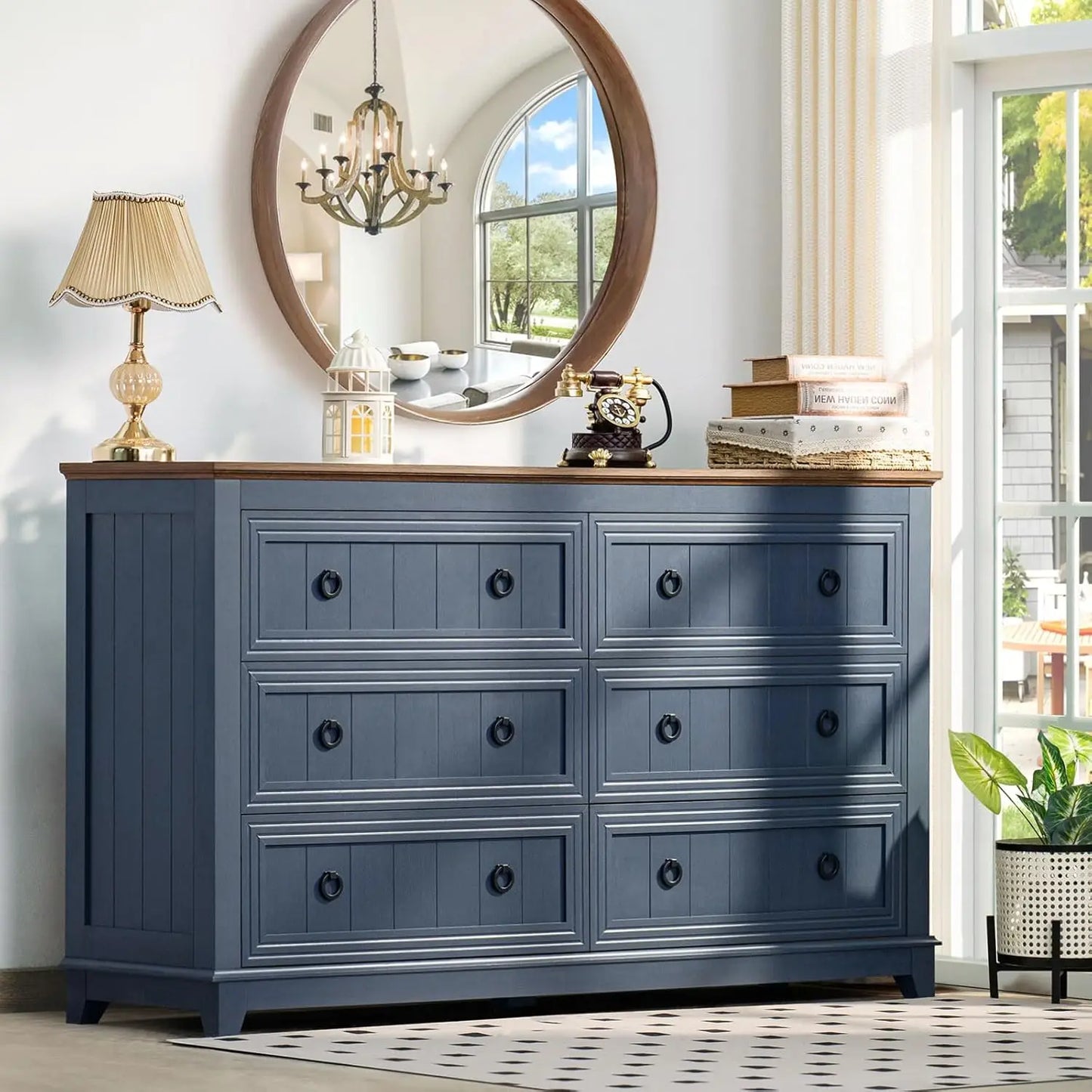 6 Drawer Farmhouse Wood Dresser Chest Vintage TV Stand