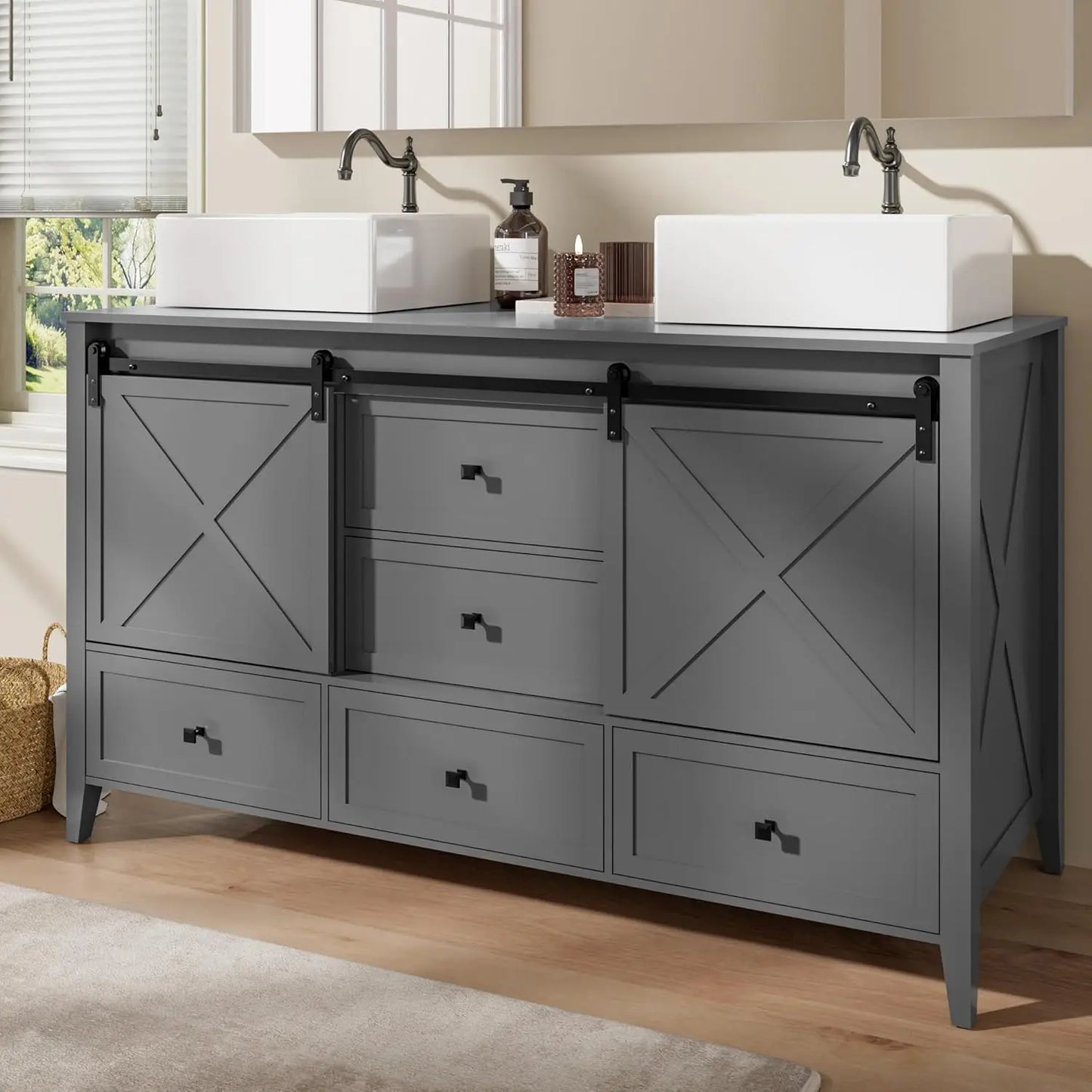 Bathroom Vanity with Sink, 60 Inch Bathroom Vanity Double Sink Ceramic, Freestanding Cabinet, Grey Wood Grain