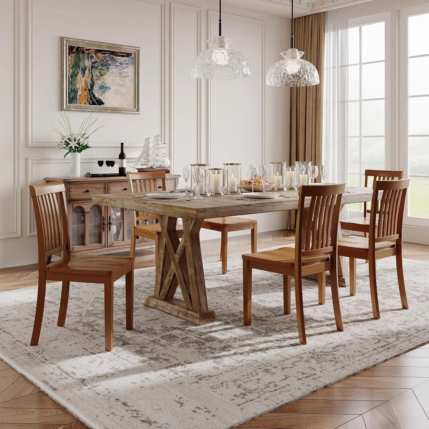 Farmhouse Solid Wood Dining Chairs Set of 6, Spindle High Backrest & 17.3in Wide Seat for Rustic Kitchen, Custom