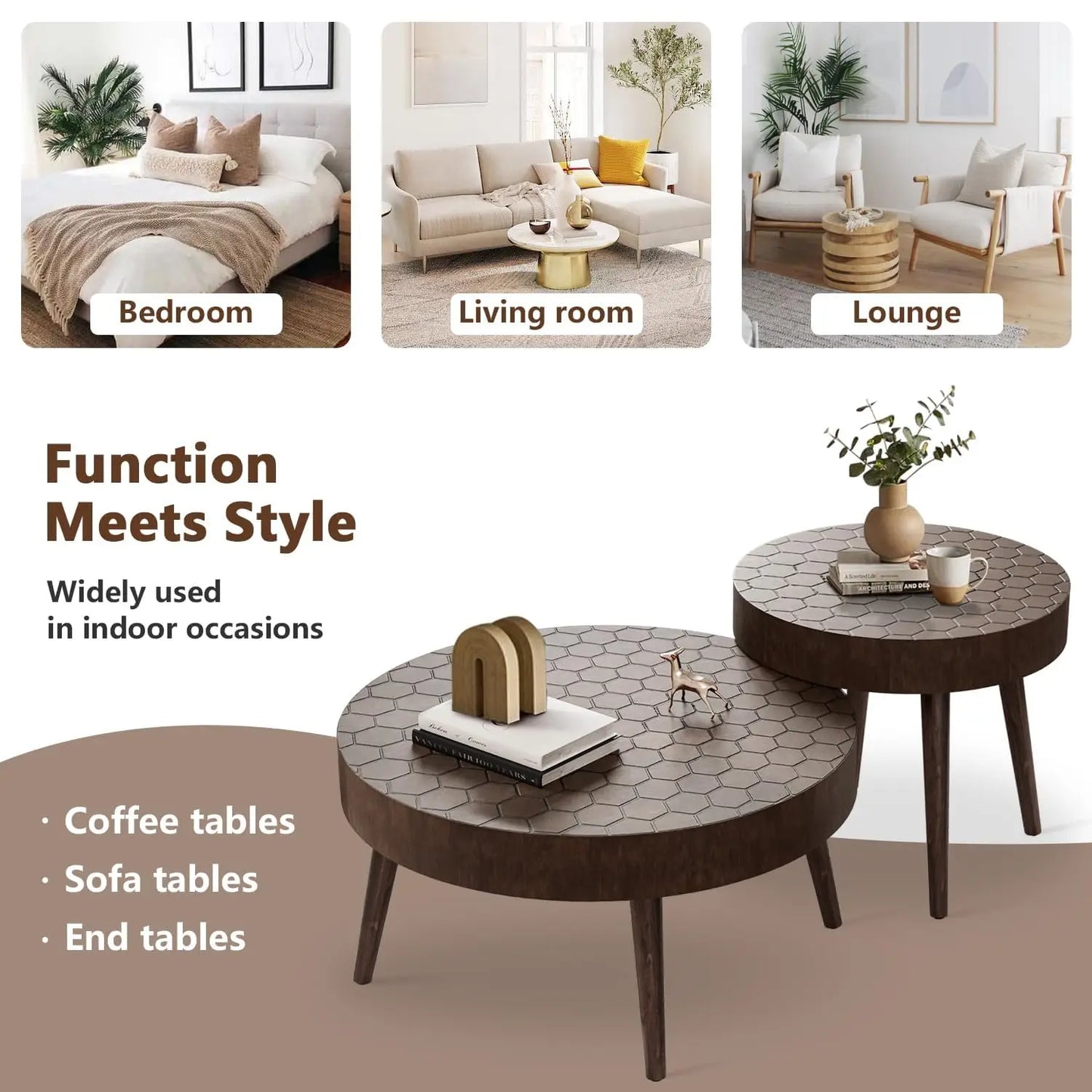 Round Coffee Table Set of 2, Nesting Tables with Honeycomb Pattern, Modern End Table for Living Room, Farmhouse,, Customized