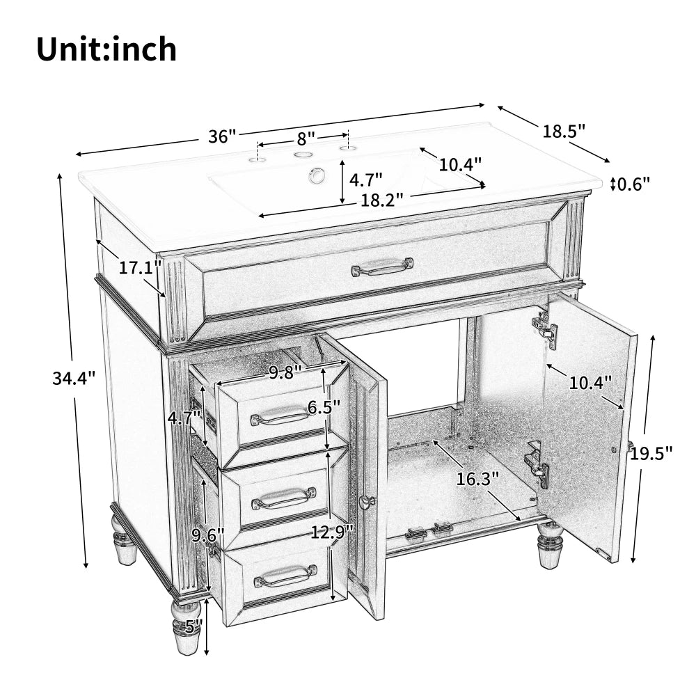LWO Bathroom Vanity With Ceramic Sink And MDF Cabinet Drawers