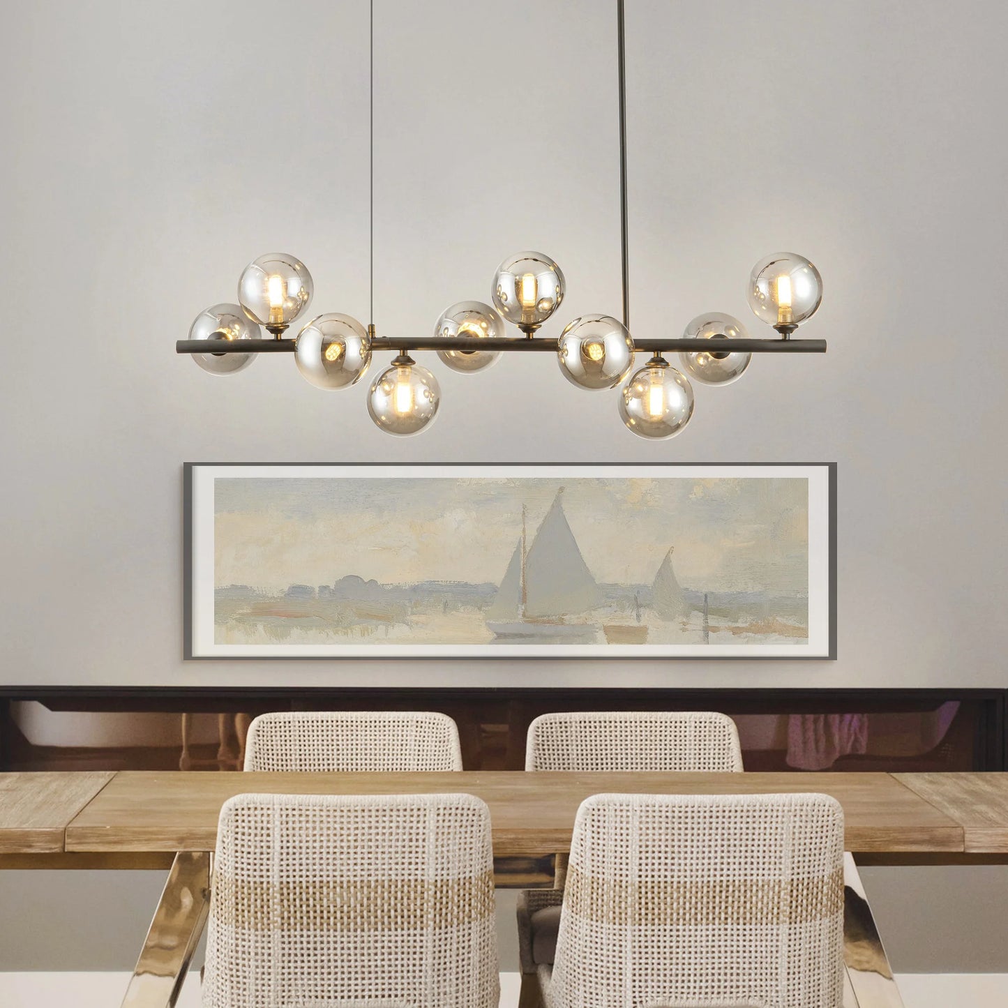 10-Light Matte Black Adjustable Chandelier with Smoked Glass Globe Shades Mid-Century Modern Style Pendant Light for Dining Room