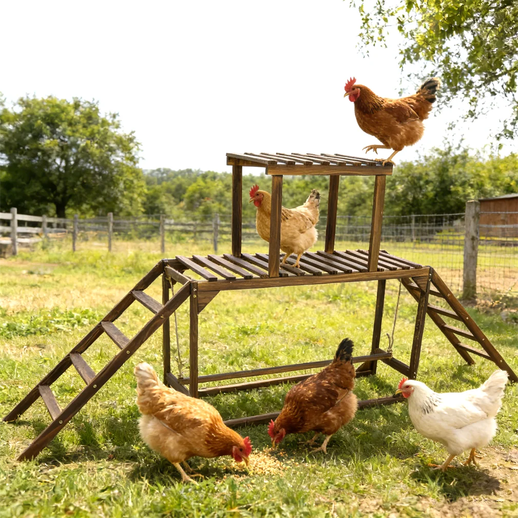 Solid Wood Chicken Perch Coop Toy with Swing Ladder Platform Chicken Run Roosting Bar for Hens Chicken Climbing Ladder Activity