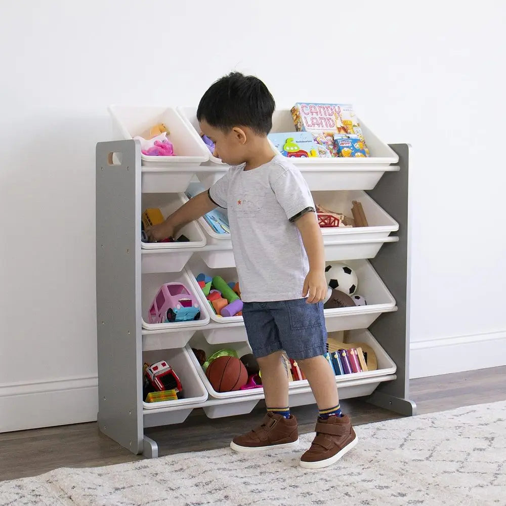 Toy Storage Organizer with 12 Removable Storage Bins, 4-Tier Toddler Toy Organization, Grey/White