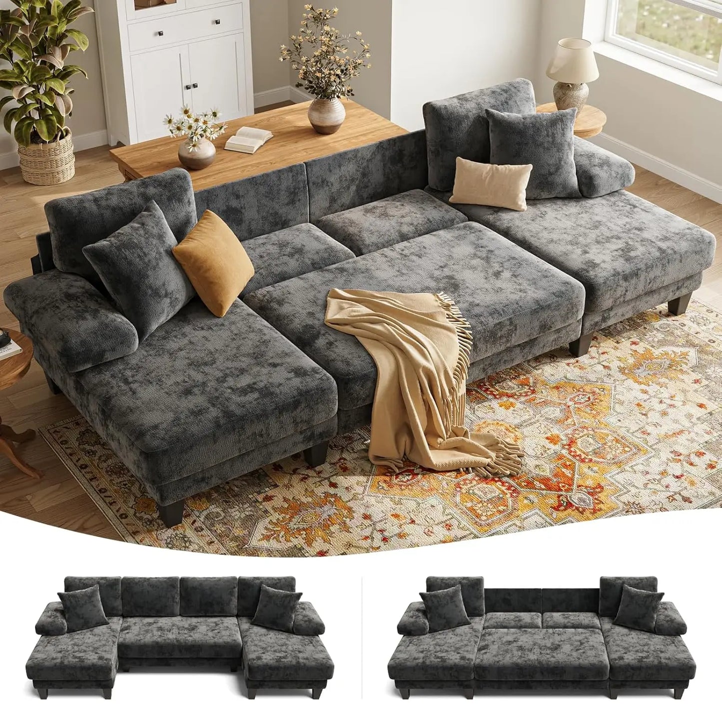 GUANGBAI Sleeper Sofa With Pull Out Bed U Shaped Chenille
