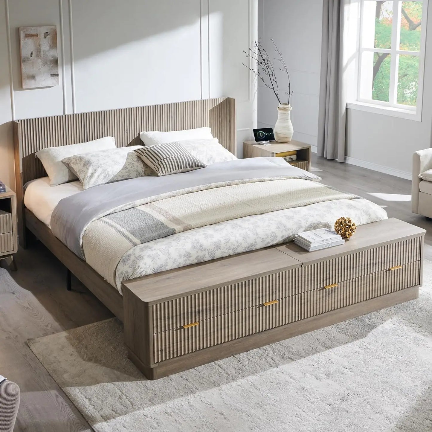 Fluted King Size Bed Frame with Wingback Headboard, Footboard Storage Bench with Built-in Drawers & Lift-Up, Customized