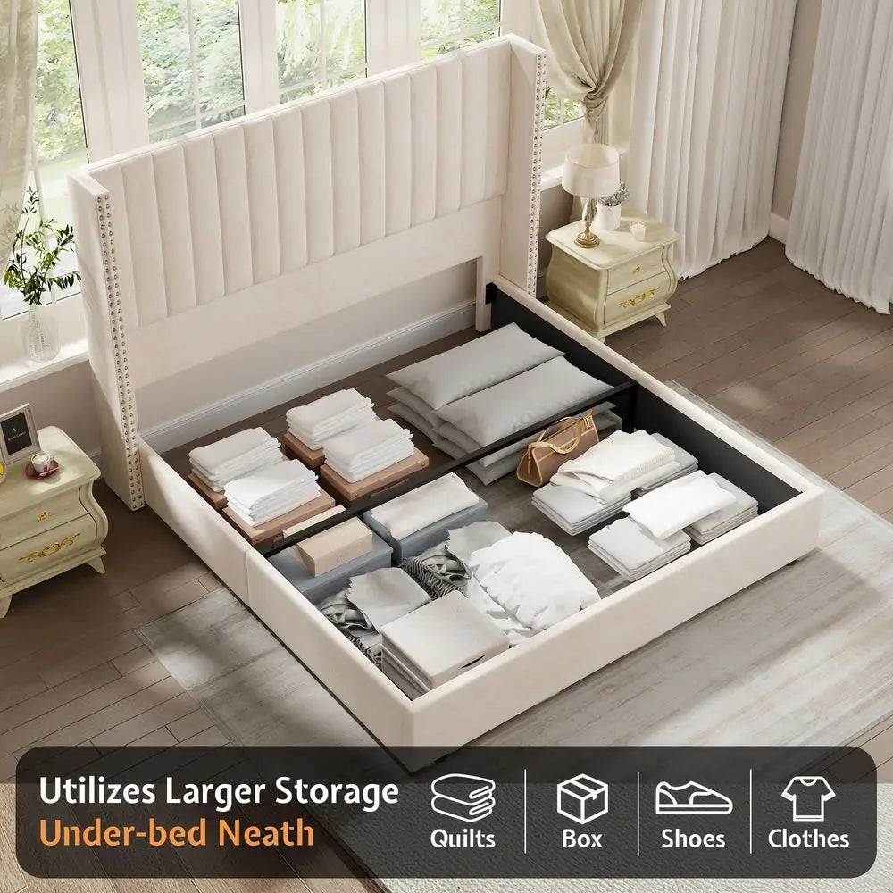Upholstered King Lift Up Storage Bed Frame Velvet Headboard