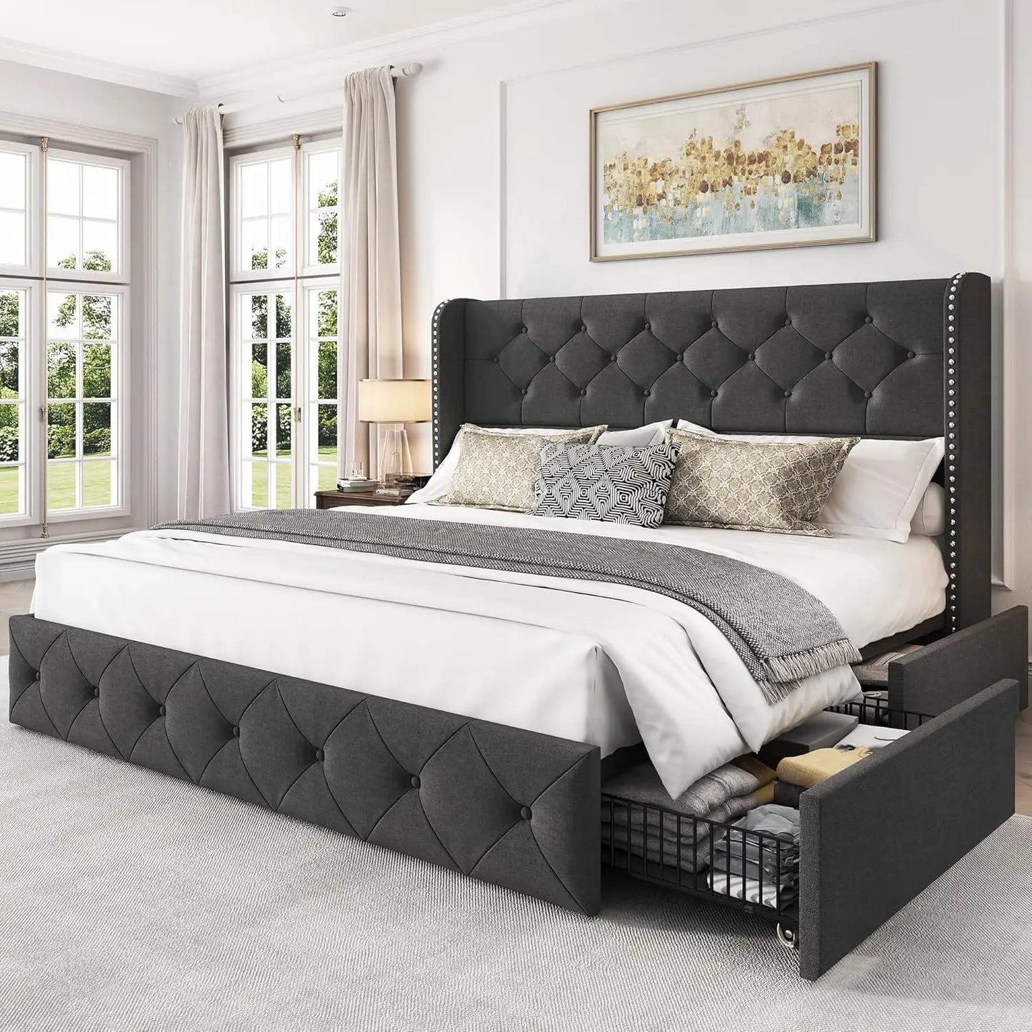 Upholstered Queen Size Bed Frame with 4 Storage Drawers and 47.2" Tall Wingback Headboard Tufted Platform Bed Frame, Customized