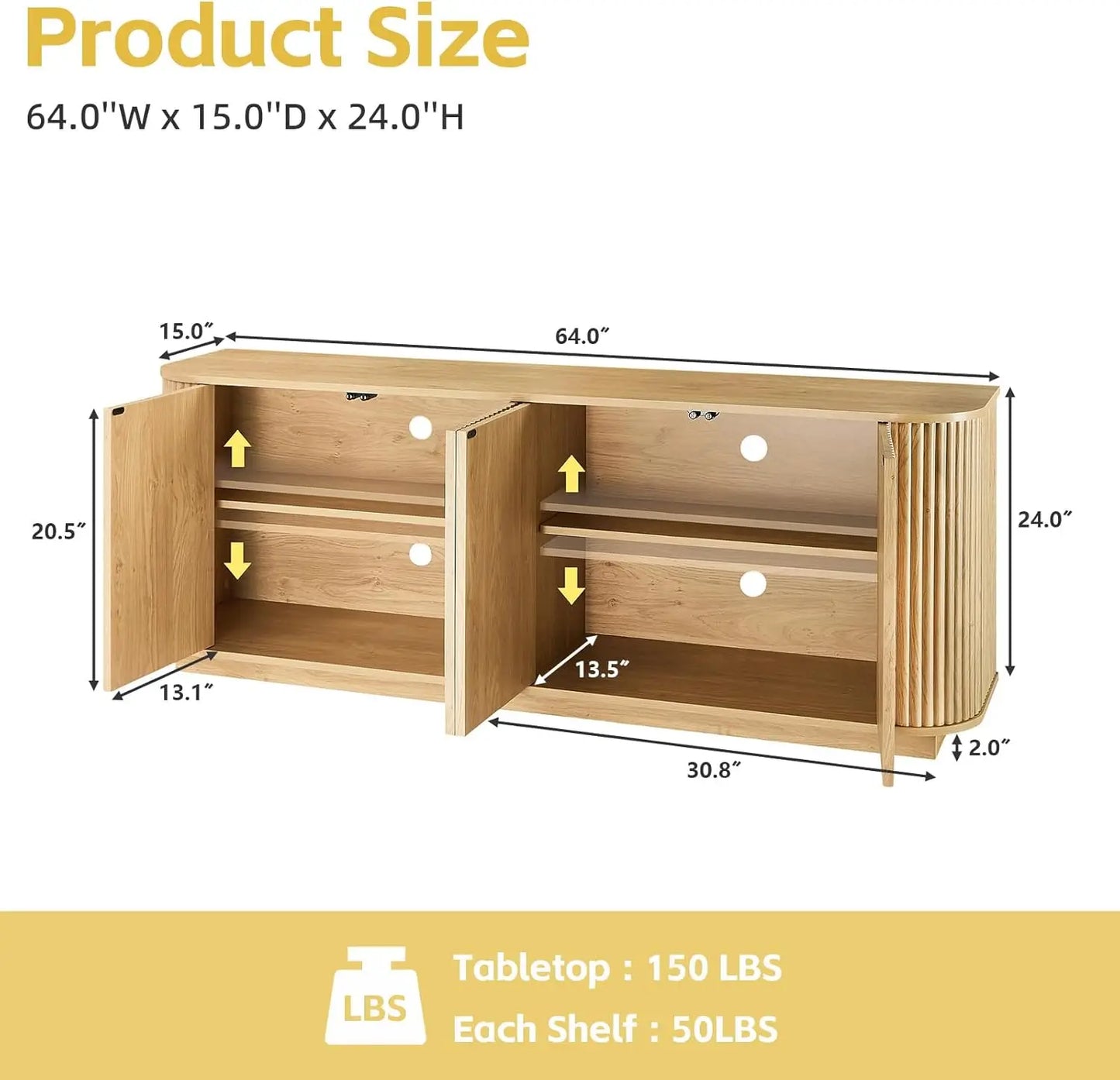 64 Inch Fluted TV Stand With Storage And Adjustable Shelves