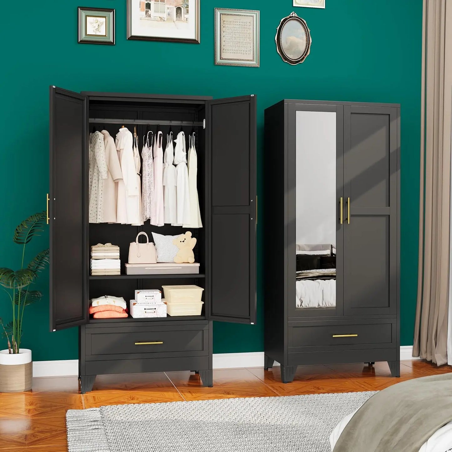 Metal Armoire Wardrobe Closet, 71 "Metal Clothing Storage Cabinet with Adjustable Shelves and Hanging Rod, Household, Custom