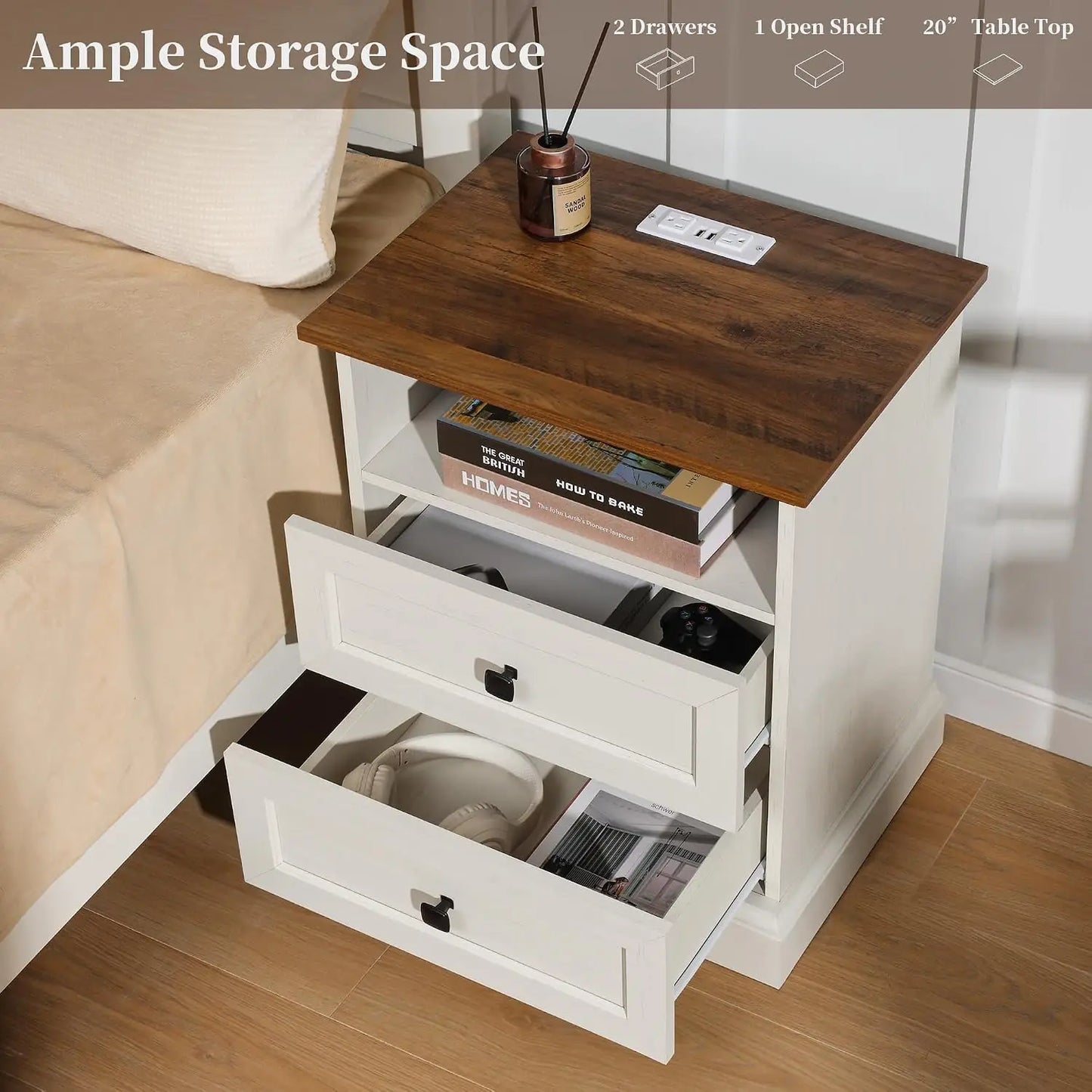 Farmhouse Nightstand Set of 2 with Charging Station & 2-Drawer Storage, Antique White for Bedroom, Custom