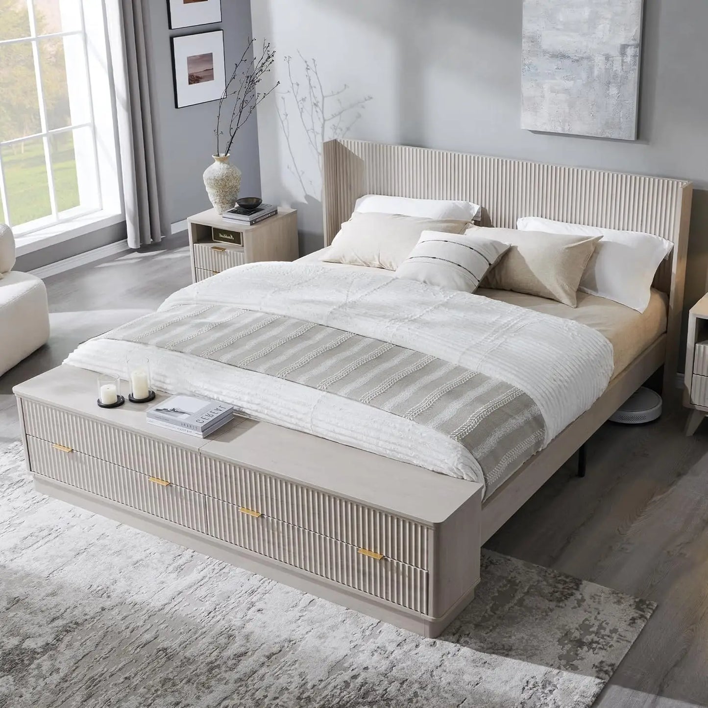Fluted King Size Bed Frame with Wingback Headboard, Footboard Storage Bench with Built-in Drawers & Lift-Up, Customized
