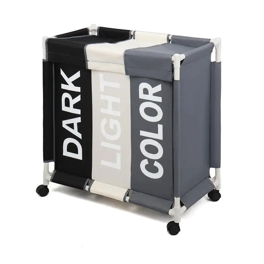 Three Section Laundry Hamper With Rolling Wheels Organizer Cart