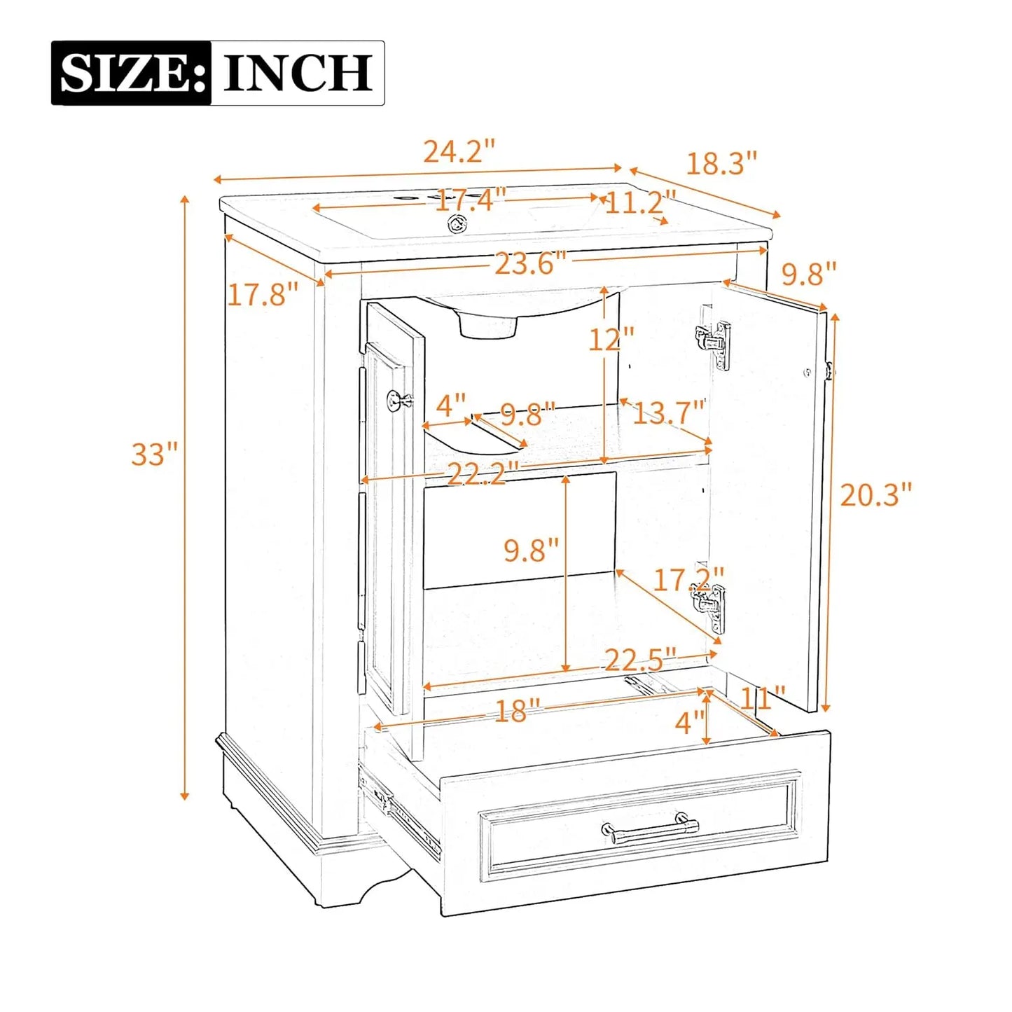 Wood Bathroom Vanity Cabinet With Ceramic Sink Adjustable Drawer Shelf