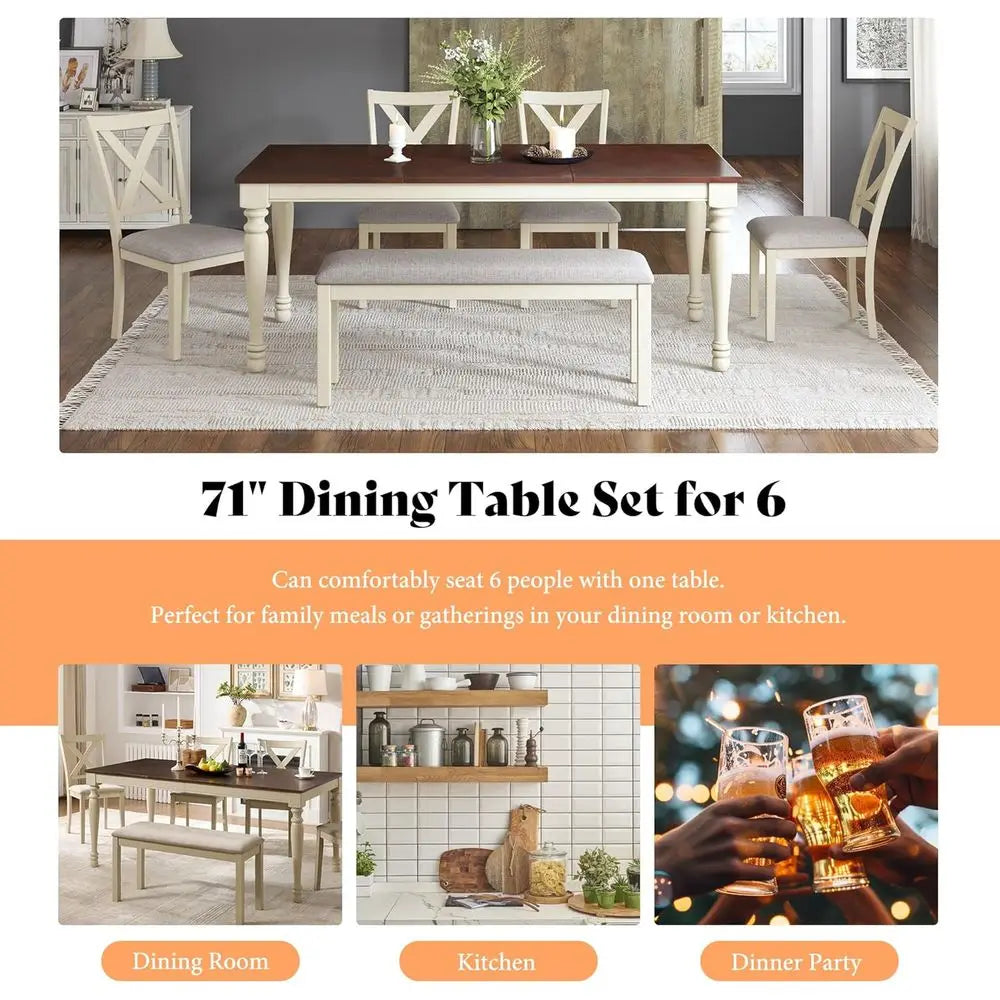 6-Piece armhouse Dining Table Set or 6-7, 71" Solid Wood Kitchen Table and Chairs, 1 Dining Table, 4 Upholstered Chairs and 1 Be